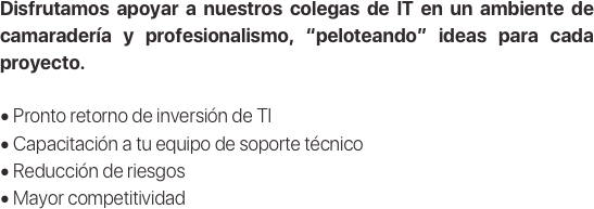 Disfrutamos apoyar a nuestros colegas de IT en un ambiente de camaradería y profesionalismo, “peloteando” ideas para cada proyecto. 

• Pronto retorno de inversión de TI
• Capacitación a tu equipo de soporte técnico
• Reducción de riesgos
• Mayor competitividad